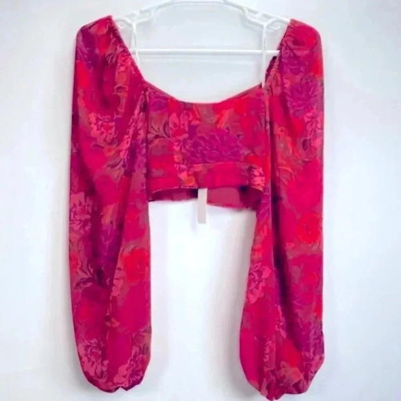 For Love & Lemons Trisha Pink Red Floral Blouson Puff Sleeve Crop Top Size Small - Picture 7 of 9